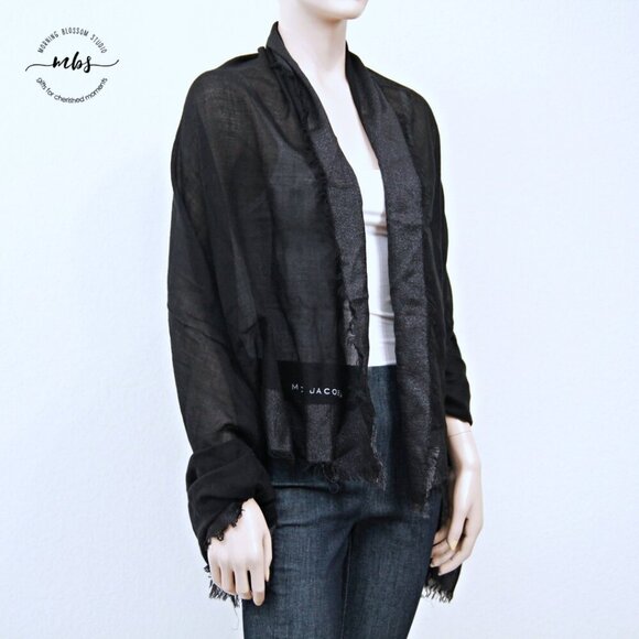 Marc Jacobs Colorblock Sheer Shimmer Fringe Black Silver Scarf Women One Size - Picture 6 of 11